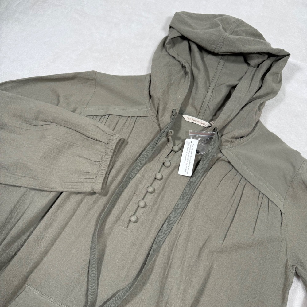 Soft Surrounding Hooded Pullover Boho Tunic Olive Button Henley Medium Lagenlook